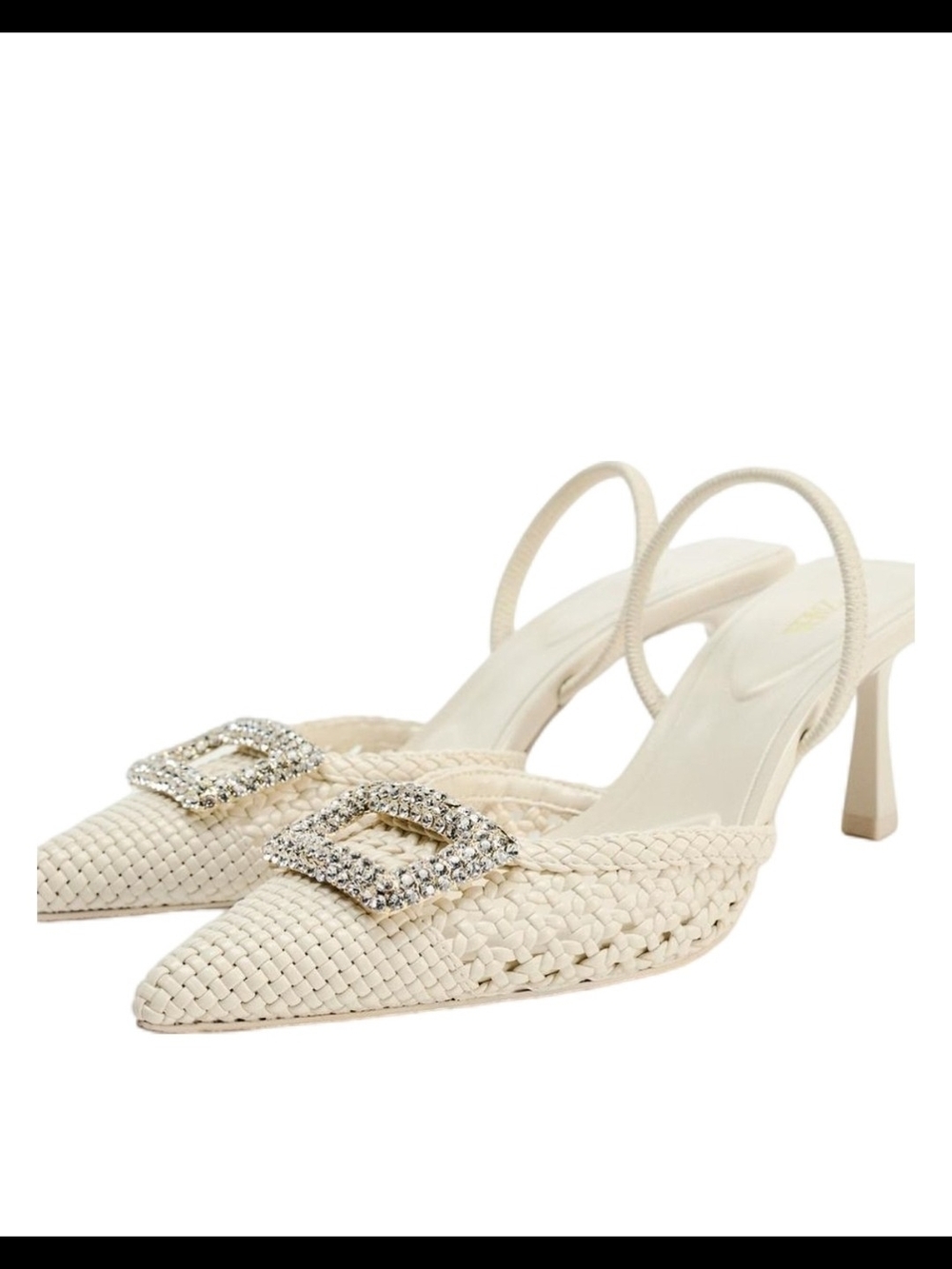 Zara Cream Woven Slingback Heels with Crystal Buckle